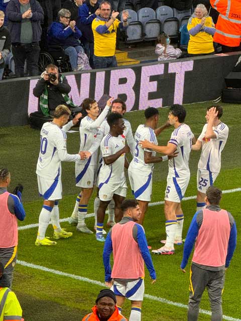 Leeds United celebrate a goal v Plymouth.