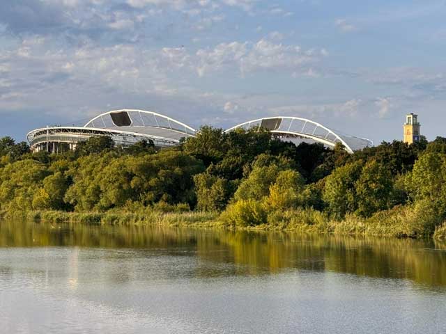 View of Leipzig Stadium across the Elsterbecken.