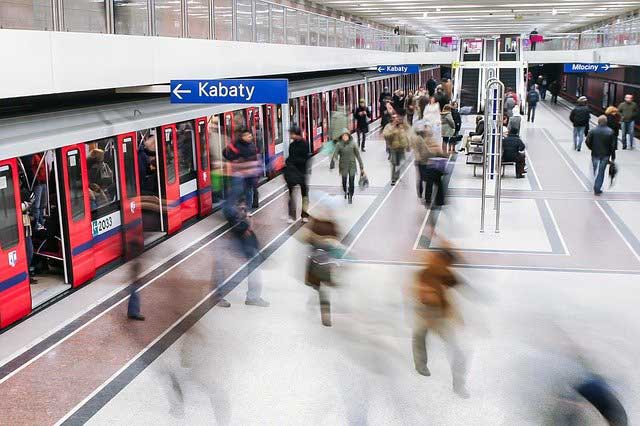 Metro at rush hour, Warsaw, Poland.