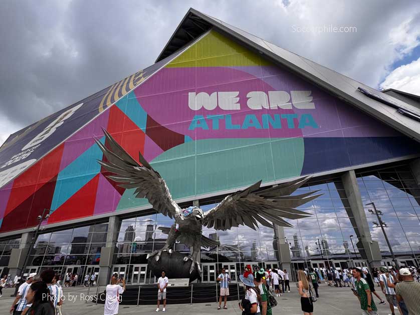 Falcon statue at Atlanta Stadium.