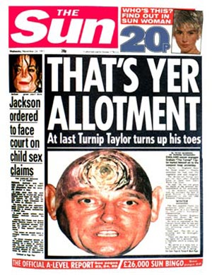 Turnip The Sun headline on 24 November 1993 following Taylor's resignation as England manager.