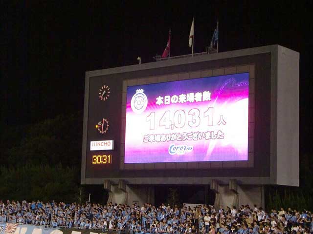 Scoreboard and away supporters.