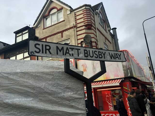 Sir Matt Busby Way, Old Trafford, Manchester United.